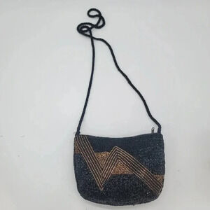 Vintage Rare Unique Beaded Purse Handbag Made In Macau Black Gold Zip